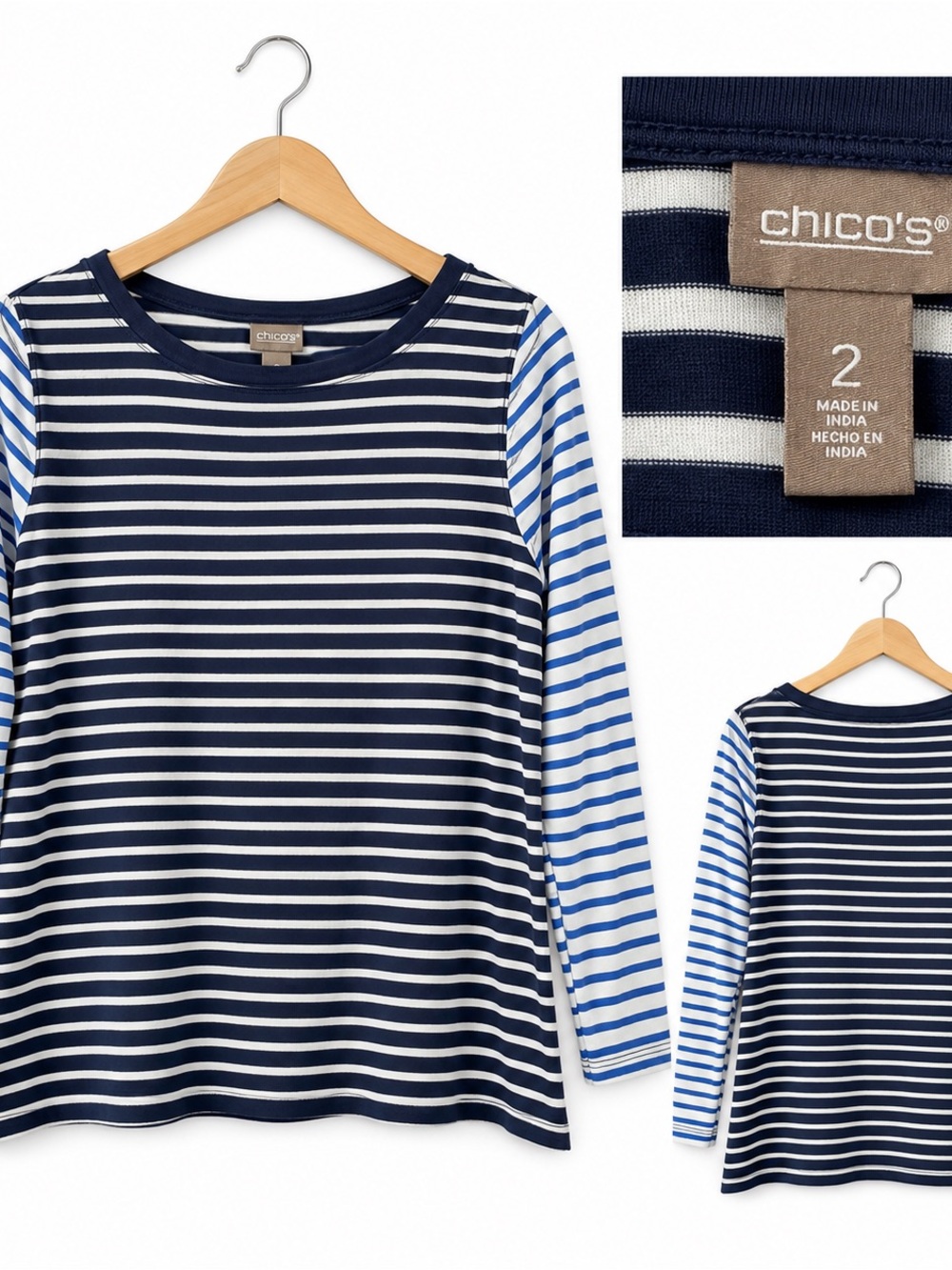 Chico's Navy & White Striped Long-Sleeve Tee with Blue-Striped Sleeves